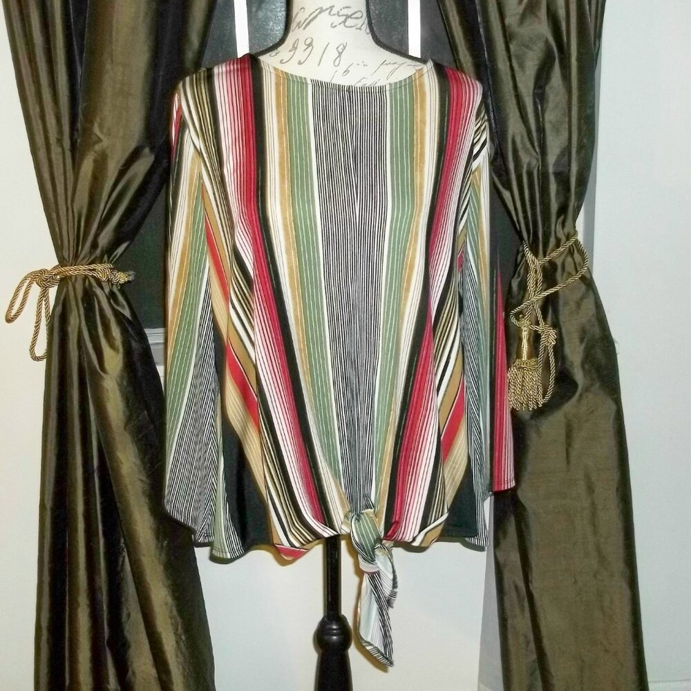 New Directions XL Draped Stripe Blouse | Boho Luxe Tie Front Top